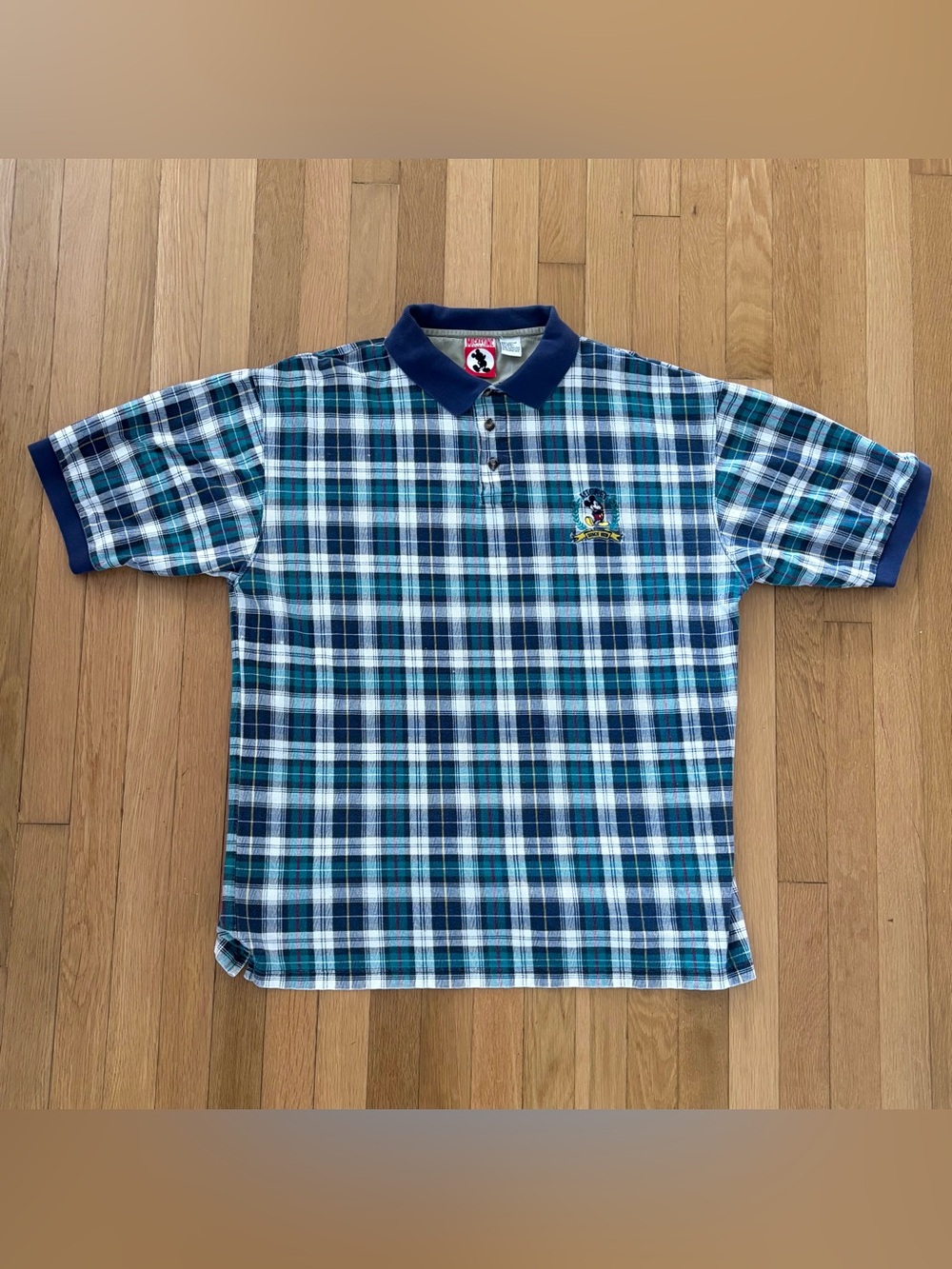 Vintage Mickey Inc Disney Polo Shirt Mens XXL Plaid Teal Blue Cotton Hong Kong